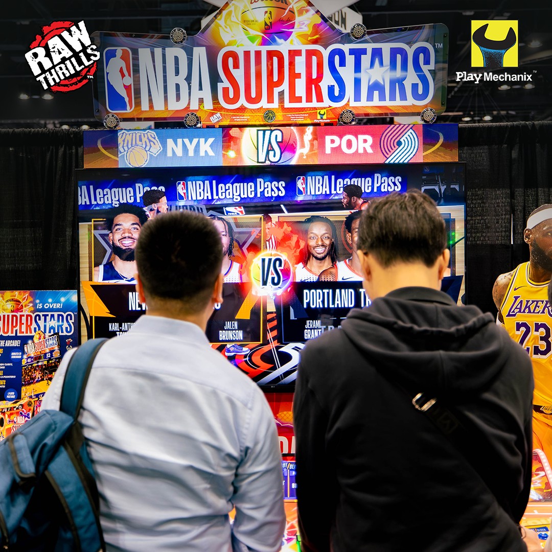 NBA Superstars arcade machine with 4-player basketball gameplay, 75-inch HD display, and official NBA teams and players.