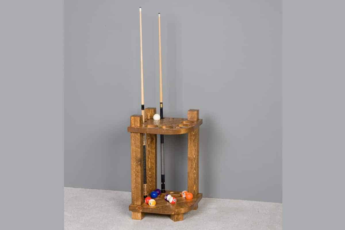 Barnwood Corner Cue Rack in honey pine finish