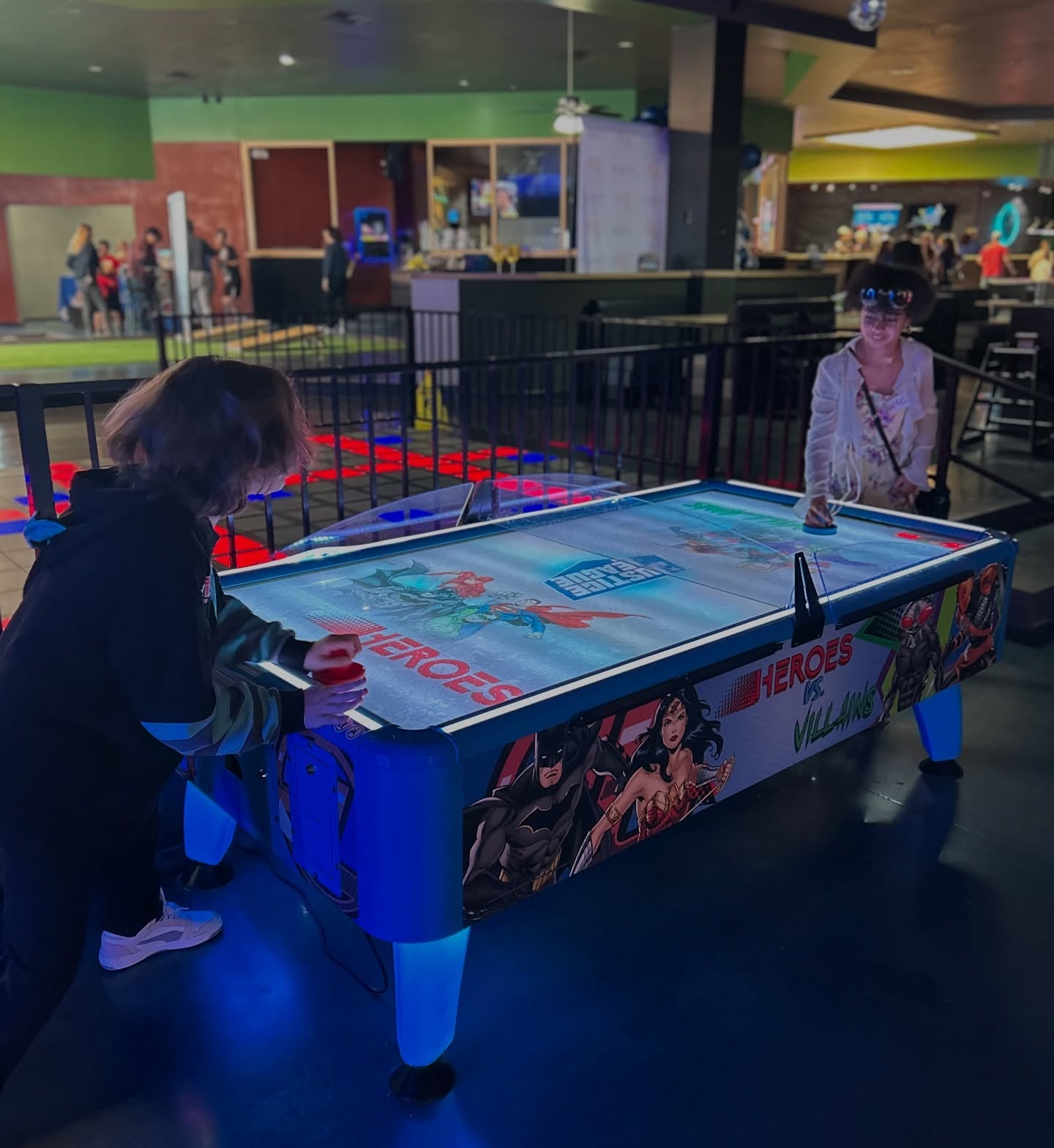 Namco DC Superheroes Air Hockey Table Game - LED Lighted Playfield | Official DC Comics Artwork | Heroes vs Villains | Electronic Scoring | Arcade-Quality.