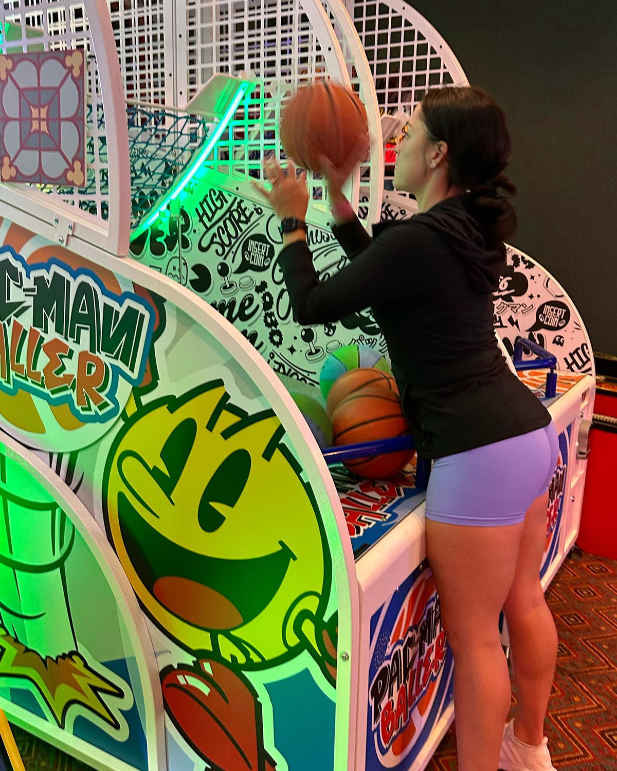 Namco Pac-Man Baller arcade basketball game with moving basket challenge, linkable multiplayer, and branded basketballs.