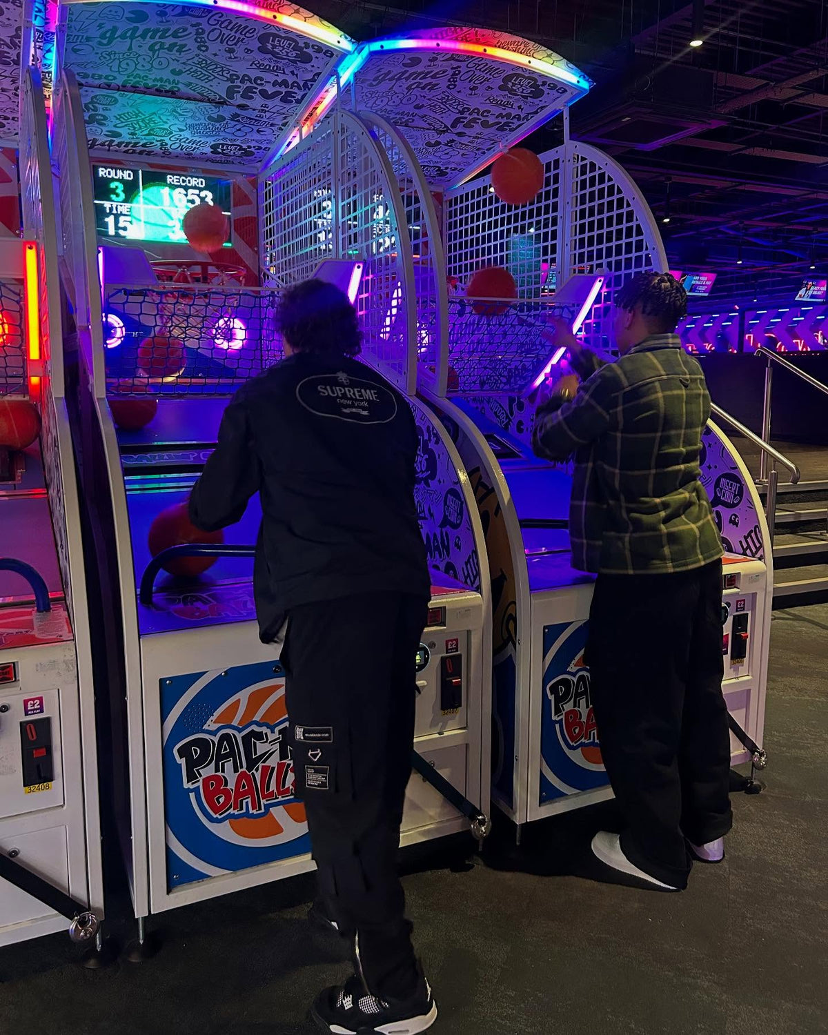 Namco Pac-Man Baller arcade basketball game with moving basket challenge, linkable multiplayer, and branded basketballs.