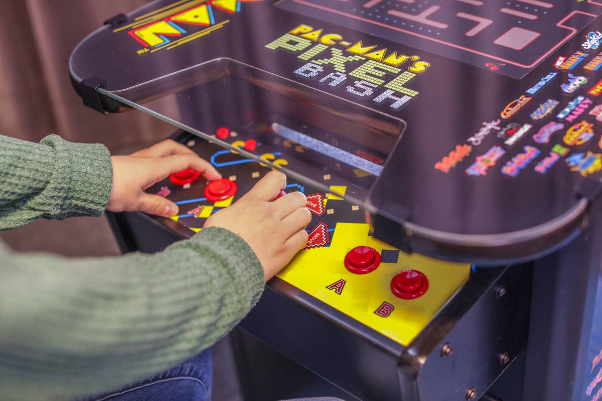 Namco Pac-Man Pixel Bash Bistro high-top arcade game with 32 classic games, retro cocktail table design, and commercial quality.