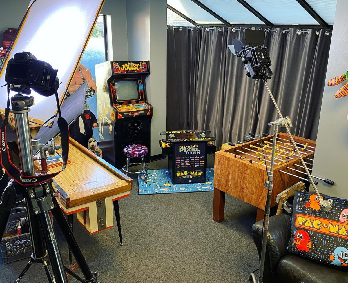 Namco Pac-Man Pixel Bash Bistro high-top arcade game with 32 classic games, retro cocktail table design, and commercial quality.