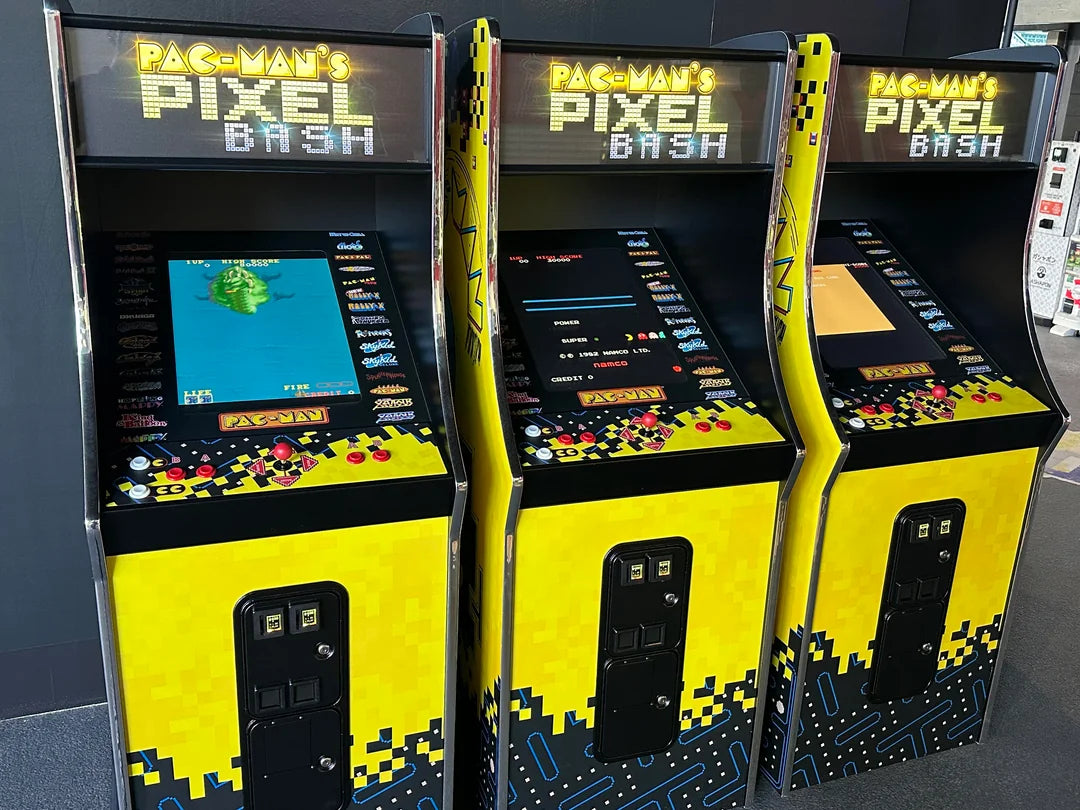 Namco Pac-Man Pixel Bash upright arcade game with 31 classic titles, retro cabinet design, and coin-op or free play options.