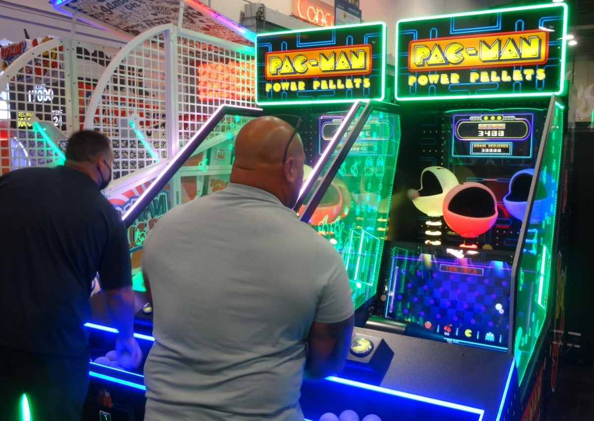 Namco Pac-Man Power Pellets arcade game with ball-throwing skill play, interactive LED playfield, and Power Pellet bonus mode.