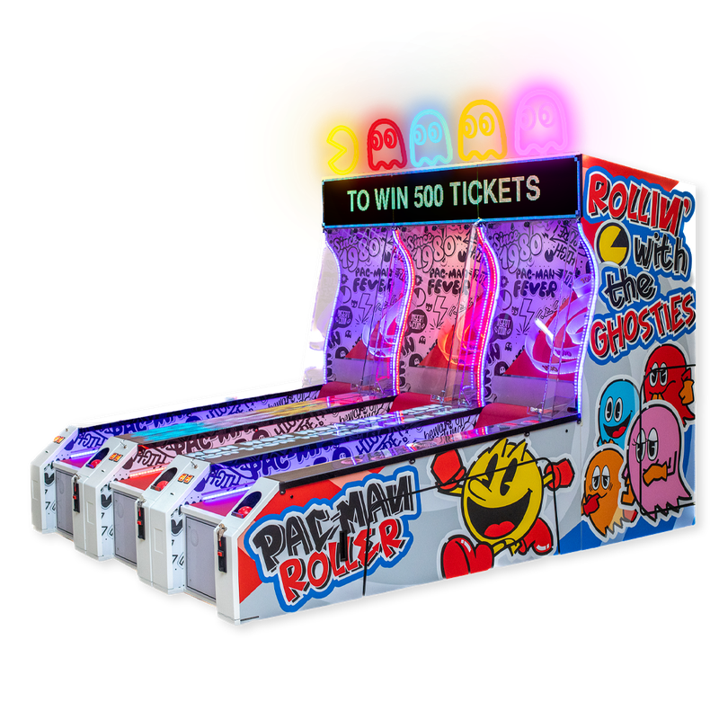 Namco Pac-Man Roller Alley arcade roller game with LED display, sound effects, and ticket redemption gameplay.