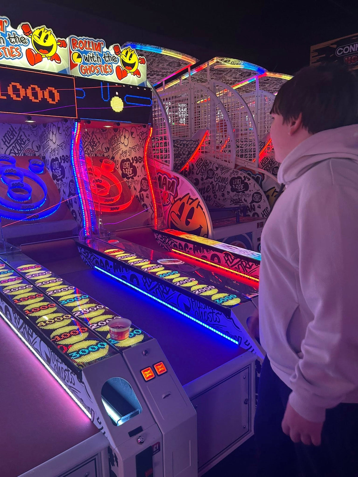 Namco Pac-Man Roller Alley arcade roller game with LED display, sound effects, and ticket redemption gameplay.