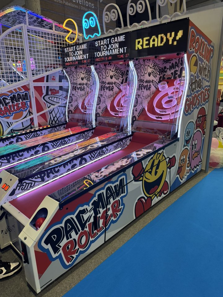 Namco Pac-Man Roller Alley arcade roller game with LED display, sound effects, and ticket redemption gameplay.