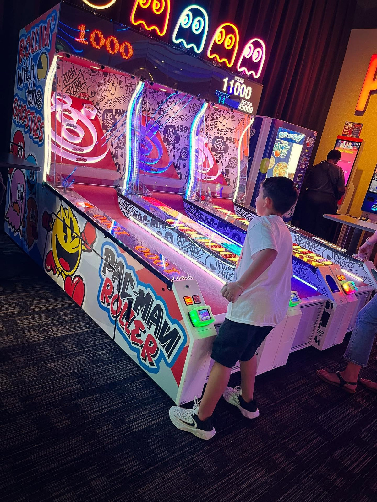 Namco Pac-Man Roller Alley arcade roller game with LED display, sound effects, and ticket redemption gameplay.