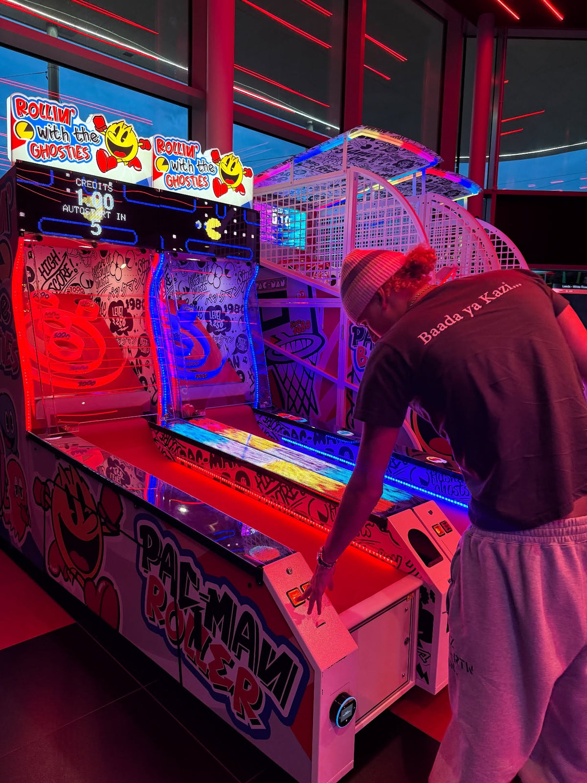 Namco Pac-Man Roller Alley arcade roller game with LED display, sound effects, and ticket redemption gameplay.