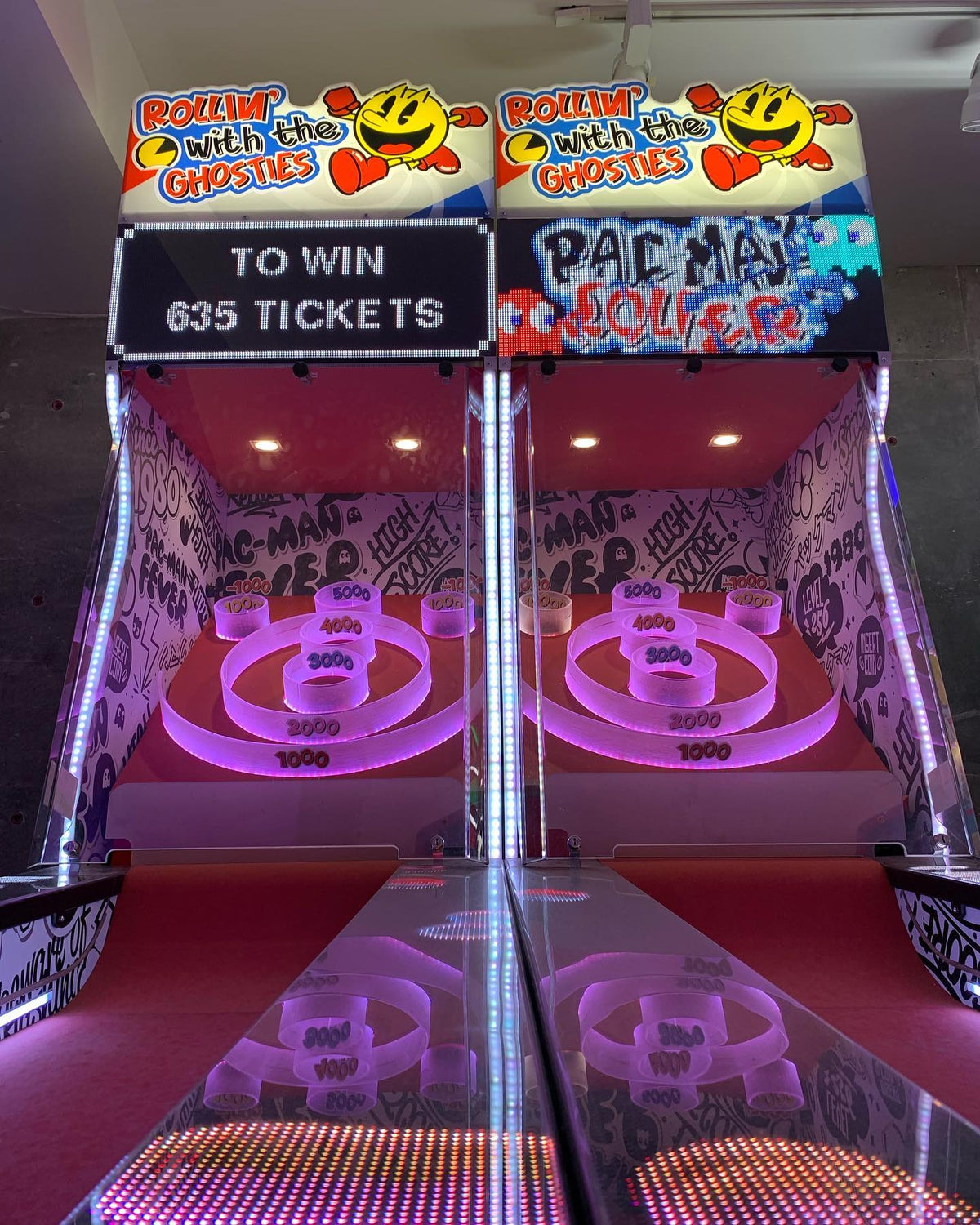 Namco Pac-Man Roller Alley arcade roller game with LED display, sound effects, and ticket redemption gameplay.