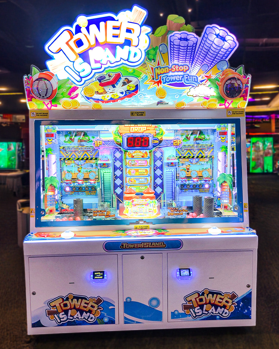 Namco Tower Island 2-player pusher arcade game with multi-level coin pusher action and LED-lit tropical cabinet.