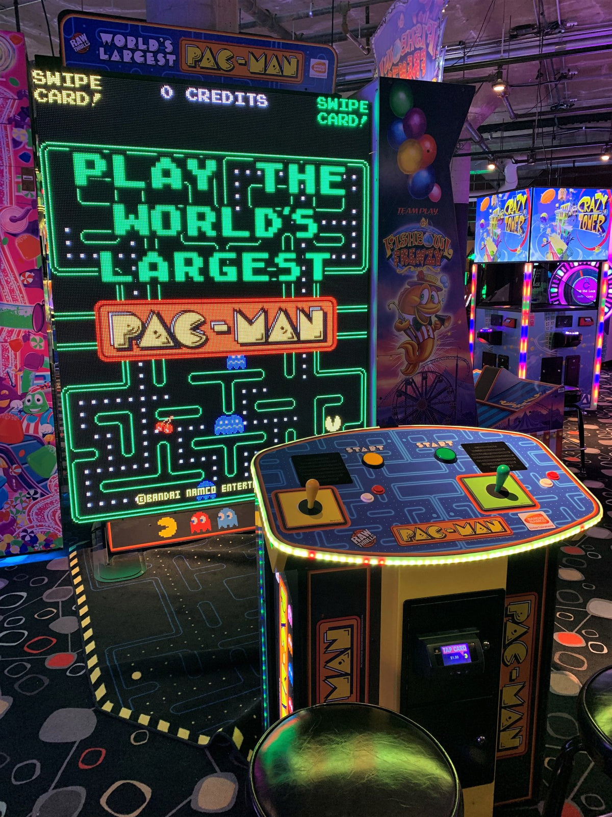 World’s Largest Pac-Man arcade game with massive 108-inch LED display, 1–2 player co-op, and included Galaga mode.