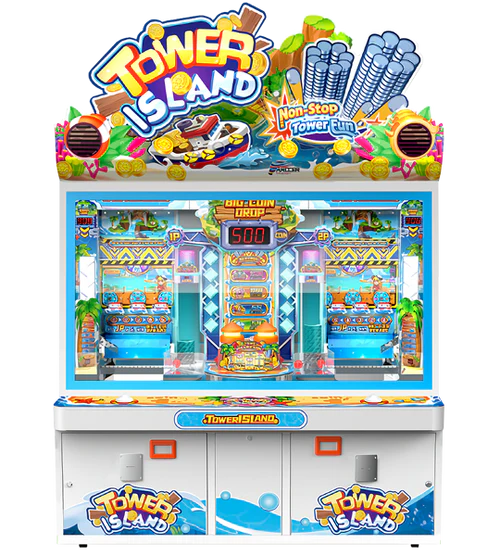 Namco Tower Island 2 Player Pusher Arcade Game – Multi-Level Coin Pusher | LED-Lit Tropical Cabinet | Competitive Redemption Gameplay | Bandai Namco.