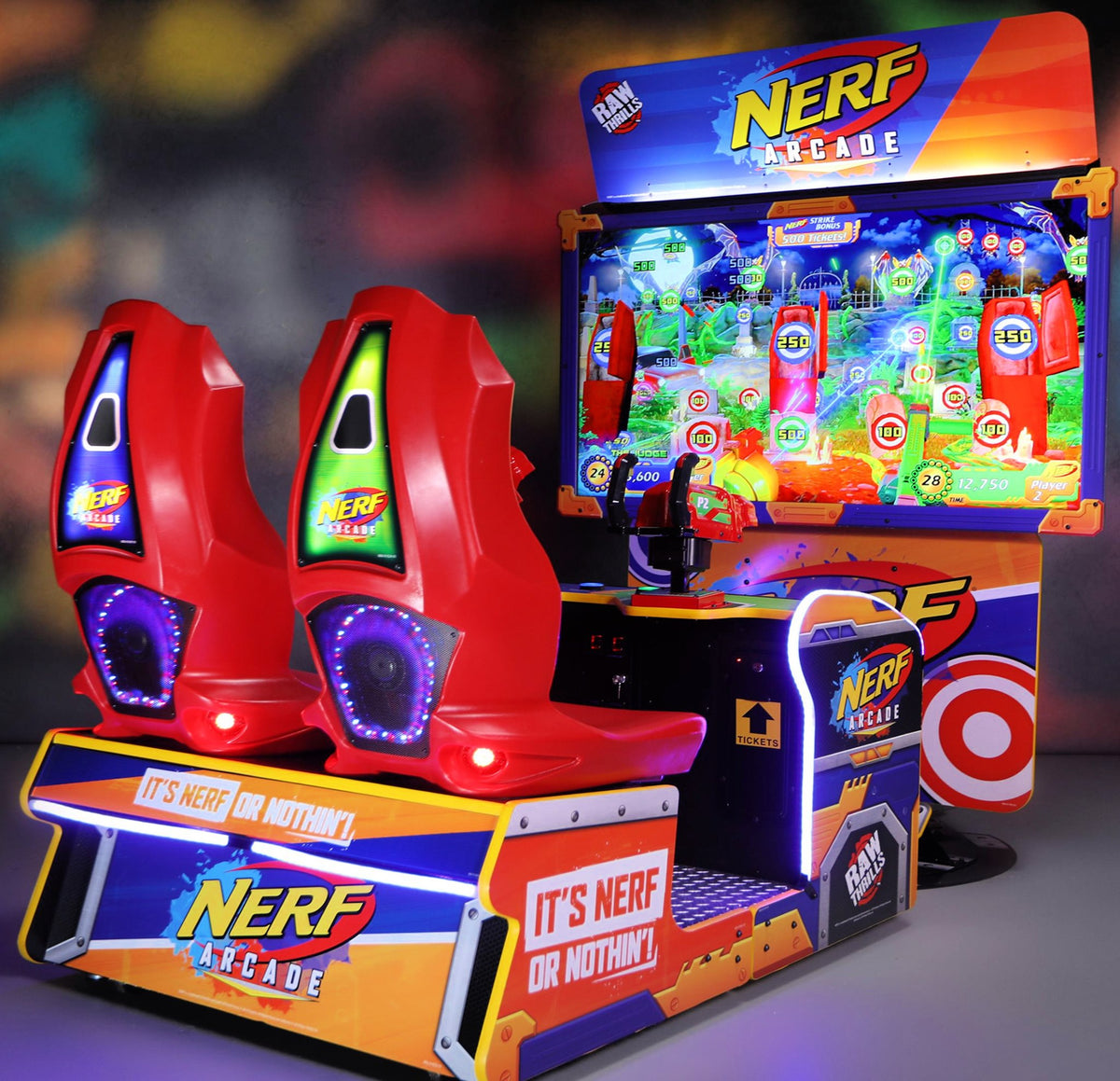 Nerf Arcade 2-player ticket redemption shooter with 65-inch HD display and foam blaster gameplay for all ages.