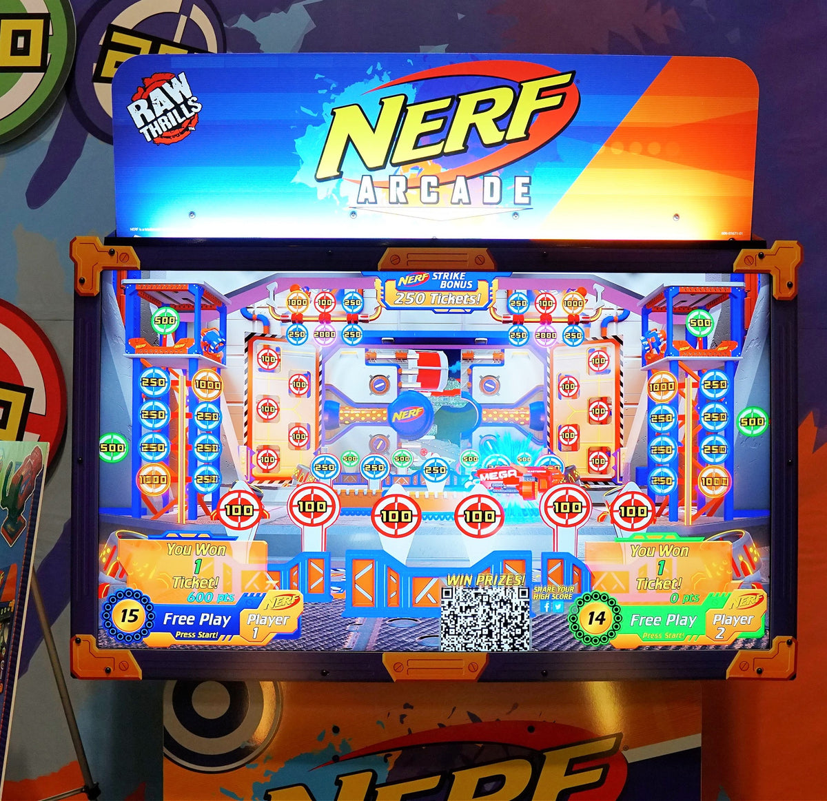 Nerf Arcade 2-player ticket redemption shooter with 65-inch HD display and foam blaster gameplay for all ages.