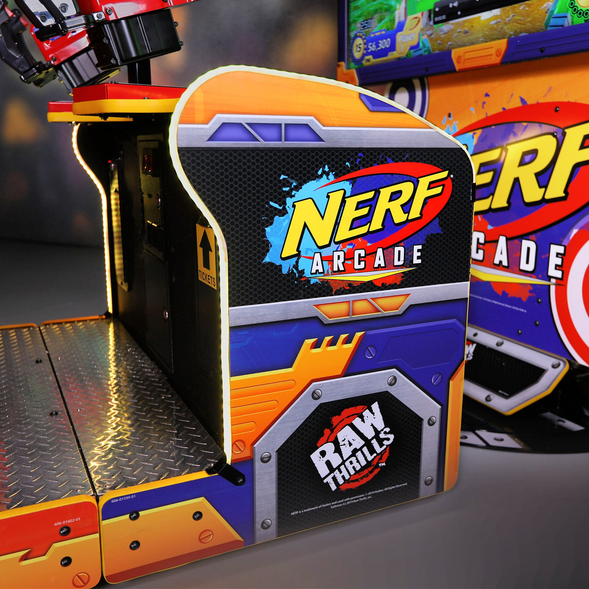 Nerf Arcade 2-player ticket redemption shooter with 65-inch HD display and foam blaster gameplay for all ages.