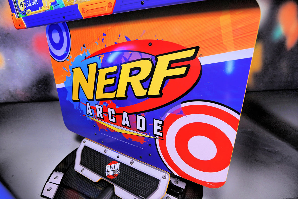 Nerf Arcade 2-player ticket redemption shooter with 65-inch HD display and foam blaster gameplay for all ages.