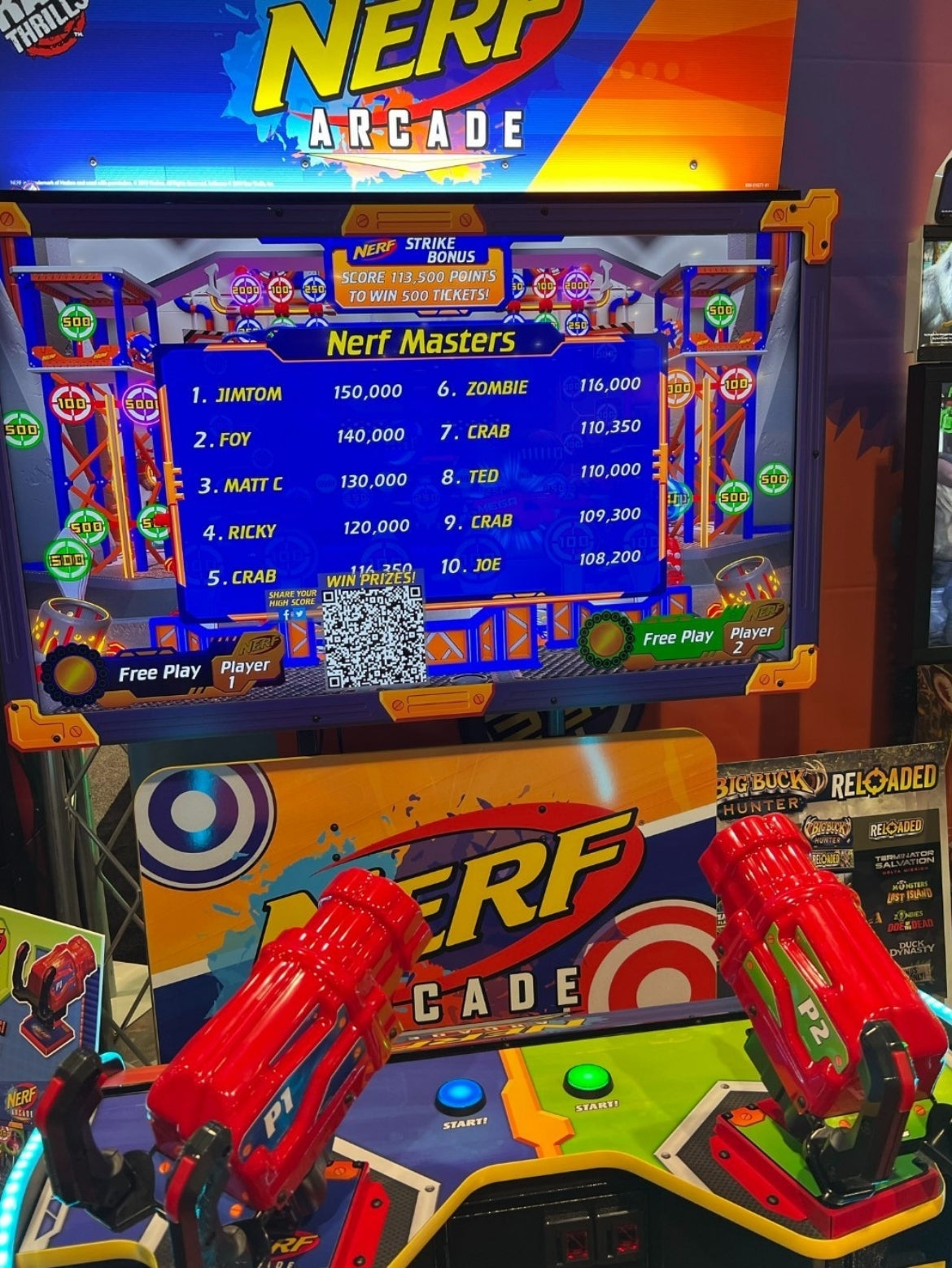 Nerf Arcade 2-player ticket redemption shooter with 65-inch HD display and foam blaster gameplay for all ages.