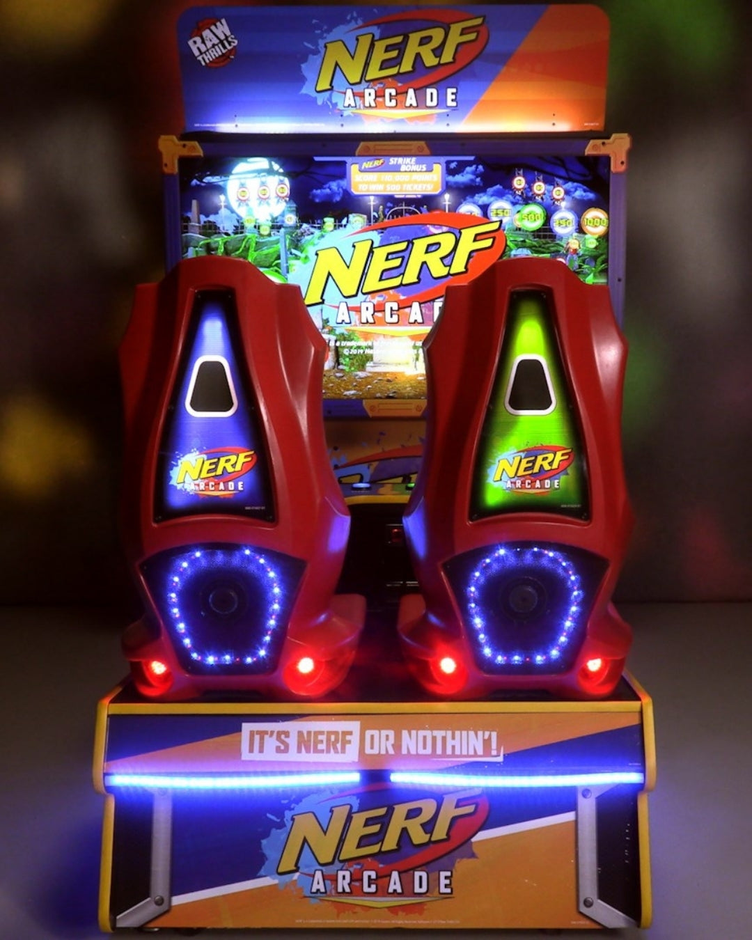 Nerf Arcade 2-player ticket redemption shooter with 65-inch HD display and foam blaster gameplay for all ages.