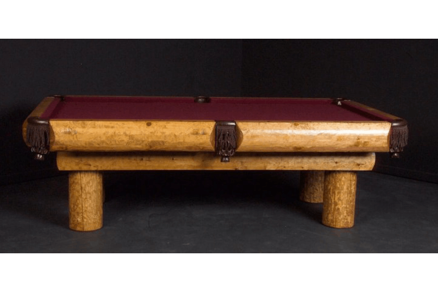 Side view of Ponderosa Pine rustic log billiard table featuring solid pine log frame and 7ft playing surface