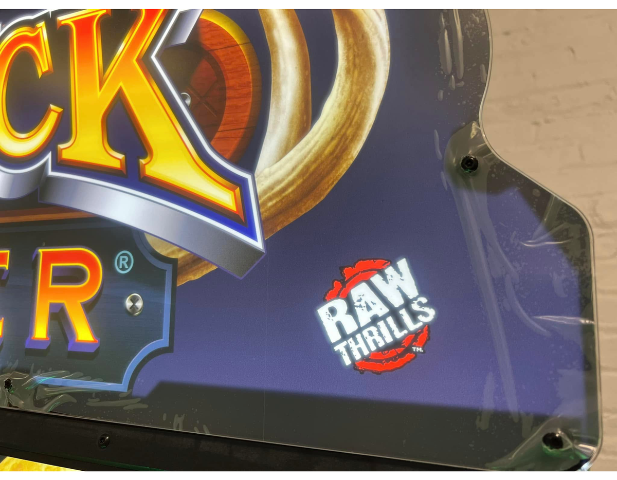 closeup view of Big Buck Hunter Reloaded Panorama arcade cabinet by Raw Thrills