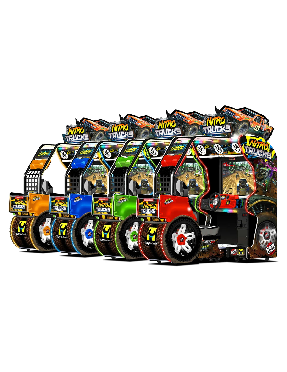 Nitro Trucks arcade machine with 43-inch HD display and force feedback steering for immersive monster truck racing.