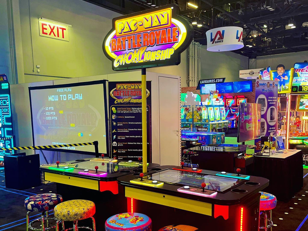 Pac-Man Battle Royale Championship arcade game with 4-player competitive gameplay, power-ups, and coin-op or free play options