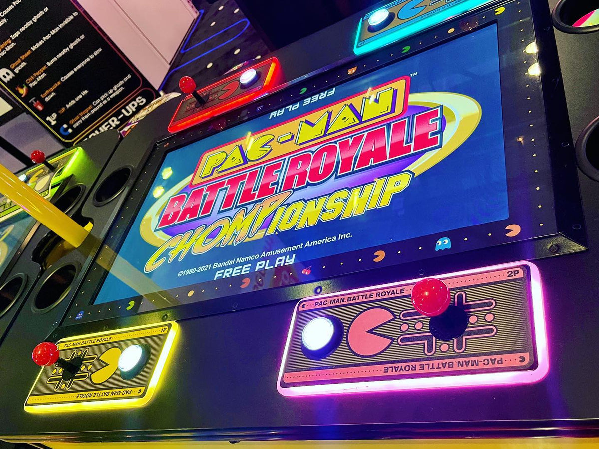 Pac-Man Battle Royale Championship arcade game with 4-player competitive gameplay, power-ups, and coin-op or free play options