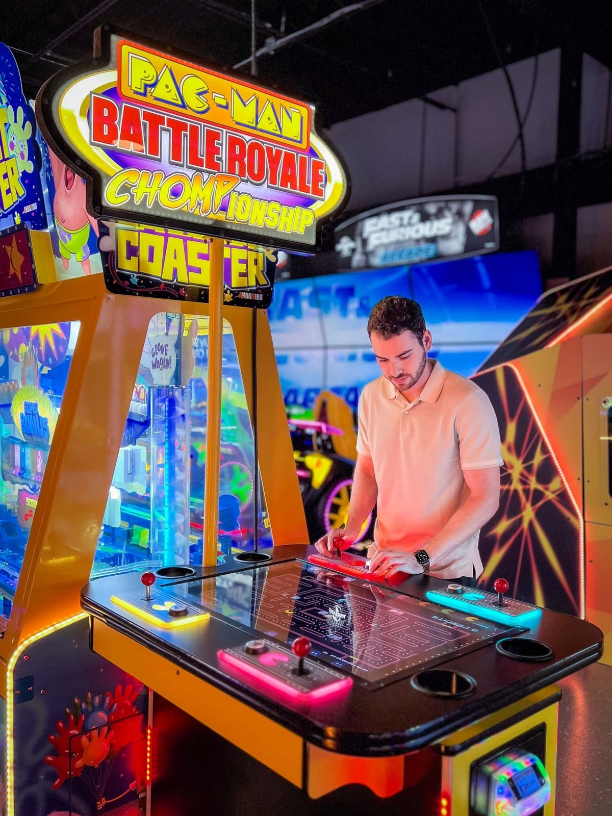 Pac-Man Battle Royale Championship arcade game with 4-player competitive gameplay, power-ups, and coin-op or free play options
