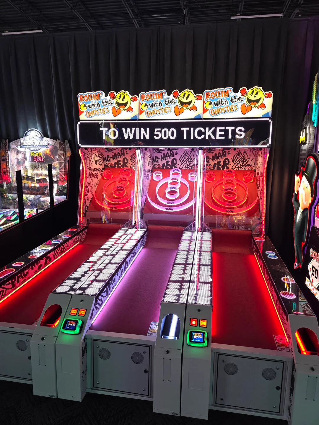 Namco Pac-Man Roller Alley redemption arcade game with iconic Pac-Man branding LED display and sound