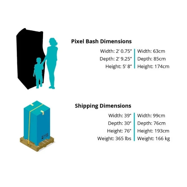 Namco Pac-Man Pixel Bash upright arcade game with 31 classic titles, retro cabinet design, and coin-op or free play options.