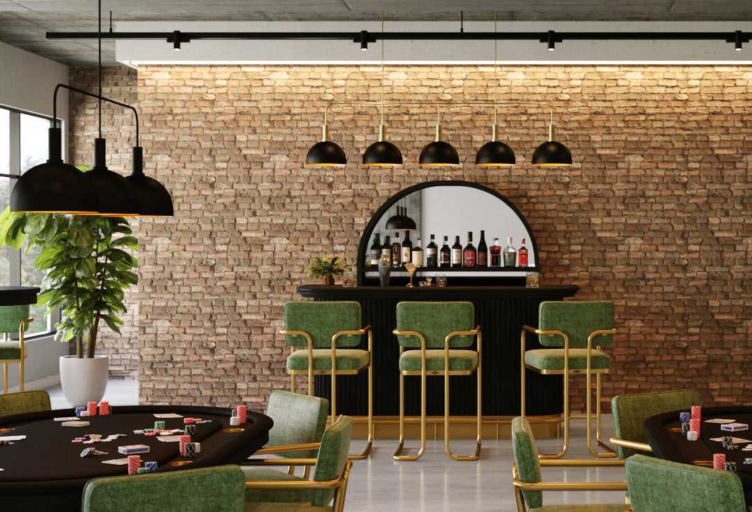 80" Prohibition Five-Shade Metal Pendant Light – Art Deco Brass Frame with Matte Black Shades & Gold Interior