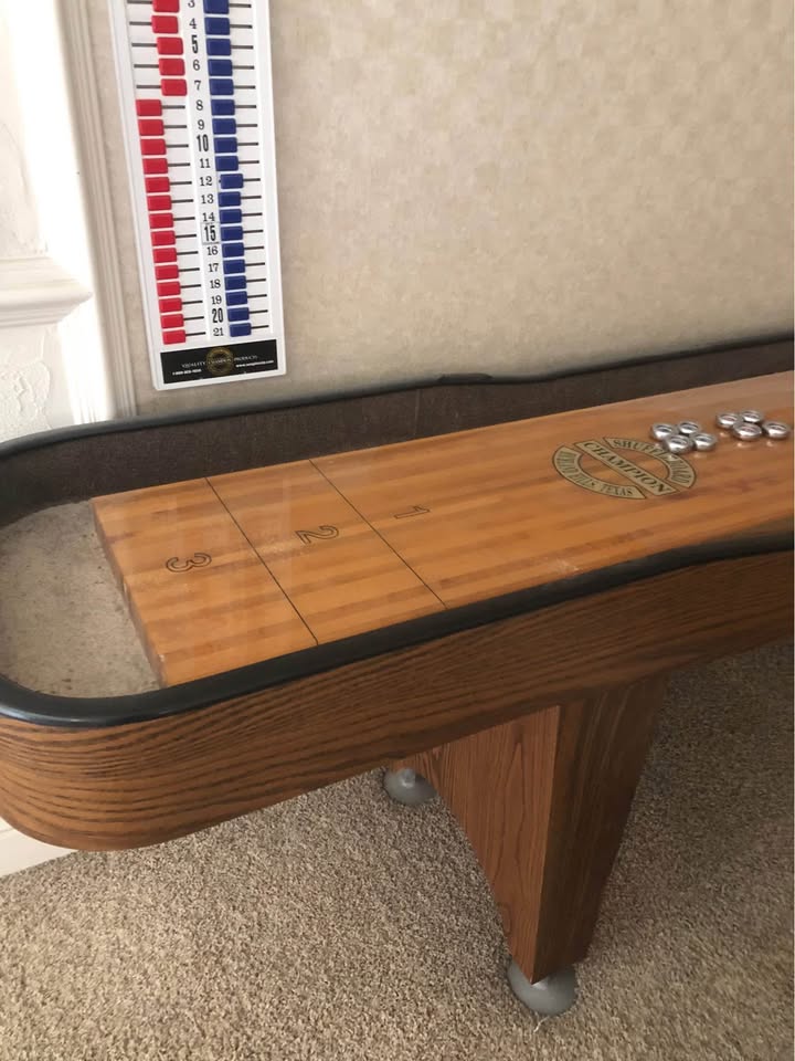 Qualifier shuffleboard table with compact design, professional playfield, and easy-to-assemble construction