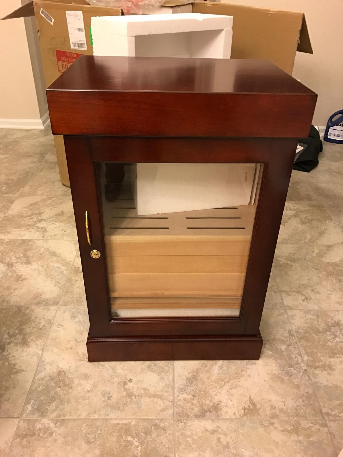 Quality Importers Cigar Tower Mini 1000 count cigar cabinet humidor with glass door and cedar wood interior