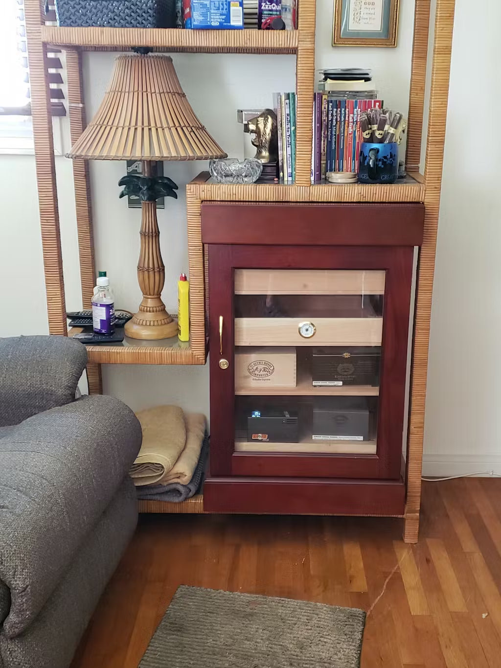 Quality Importers Cigar Tower Mini 1000 count cigar cabinet humidor with glass door and cedar wood interior