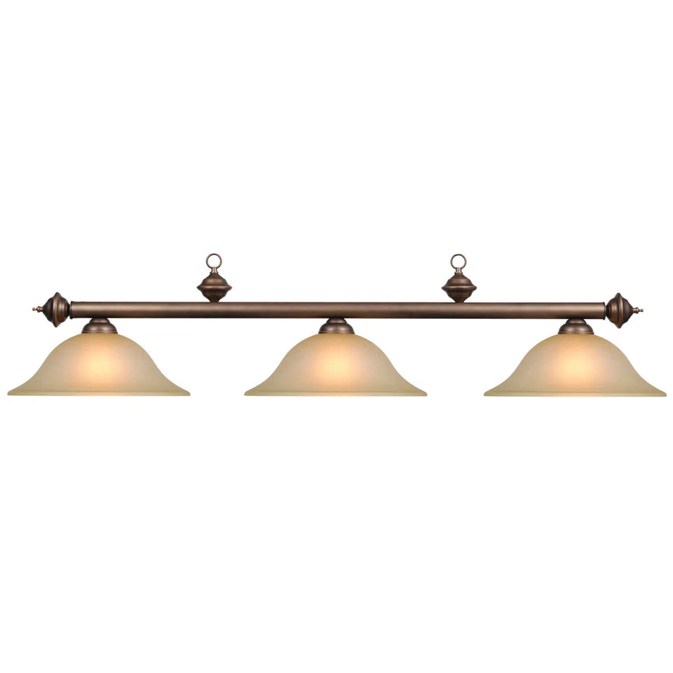 60" Three-Shade Billiard Light Fixture – Oil Rubbed Bronze with Frosted Glass Shades