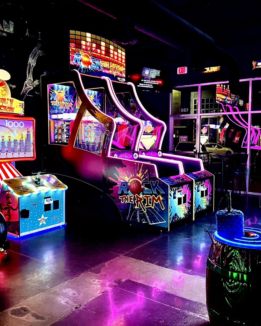 Rock the Rim next-gen basketball arcade machine with LED hoop lighting, interactive sensors, and dynamic scoring display