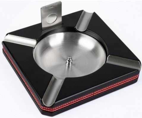 Black Wood Cigar Ashtray with Leather Trim &amp; Built-In Cutter (4 Cigar Capacity)