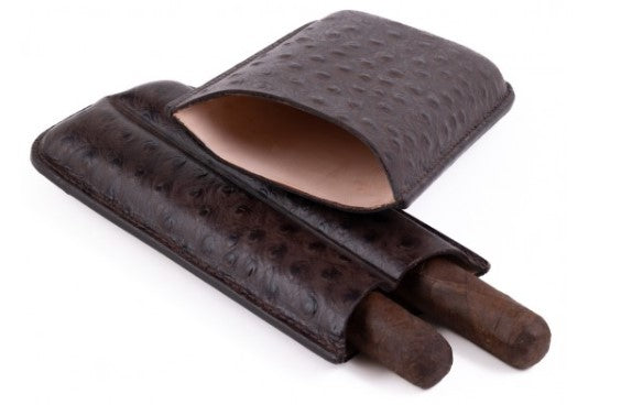 Brown Ostrich Pattern Travel Cigar Case – 2 Cigars up to 62 Ring Gauge