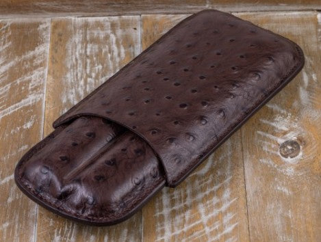 Brown Ostrich Pattern Travel Cigar Case – 2 Cigars up to 62 Ring Gauge