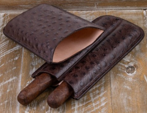 Brown Ostrich Pattern Travel Cigar Case – 2 Cigars up to 62 Ring Gauge