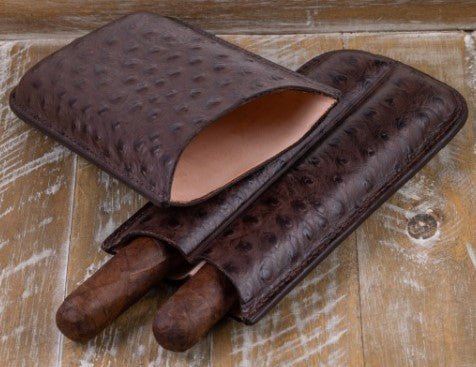 Brown Ostrich Pattern Travel Cigar Case - 2 Cigars up to 62 Ring Gauge by Prestige Import Group - Cigar Accessories