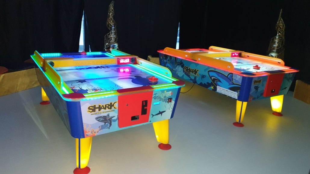 Shark Air Hockey 8ft table with illuminated waterproof playfield and large arcade design."