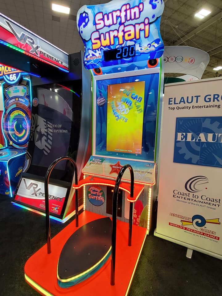 Surfin’ Surfari motion surfboard arcade machine with ticket redemption gameplay and immersive surfing simulation