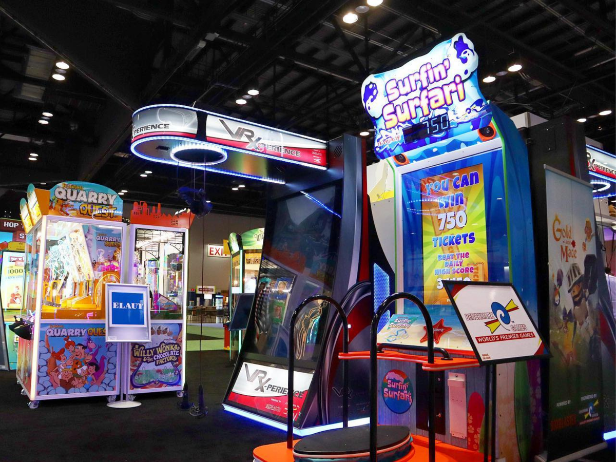 Surfin’ Surfari motion surfboard arcade machine with ticket redemption gameplay and immersive surfing simulation