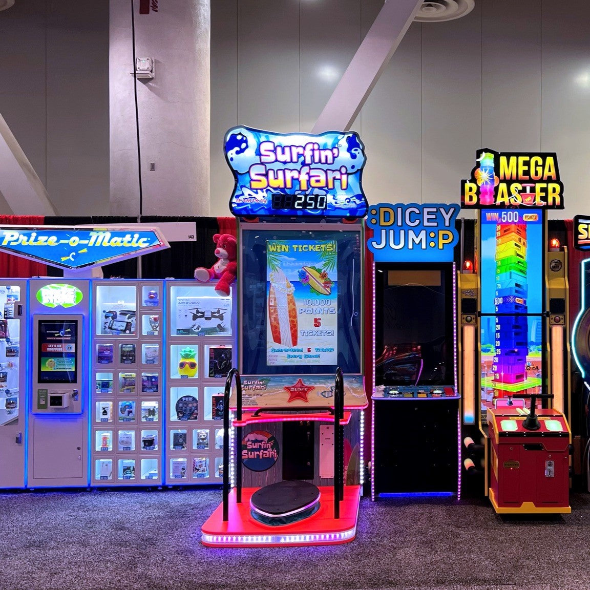 Surfin’ Surfari motion surfboard arcade machine with ticket redemption gameplay and immersive surfing simulation