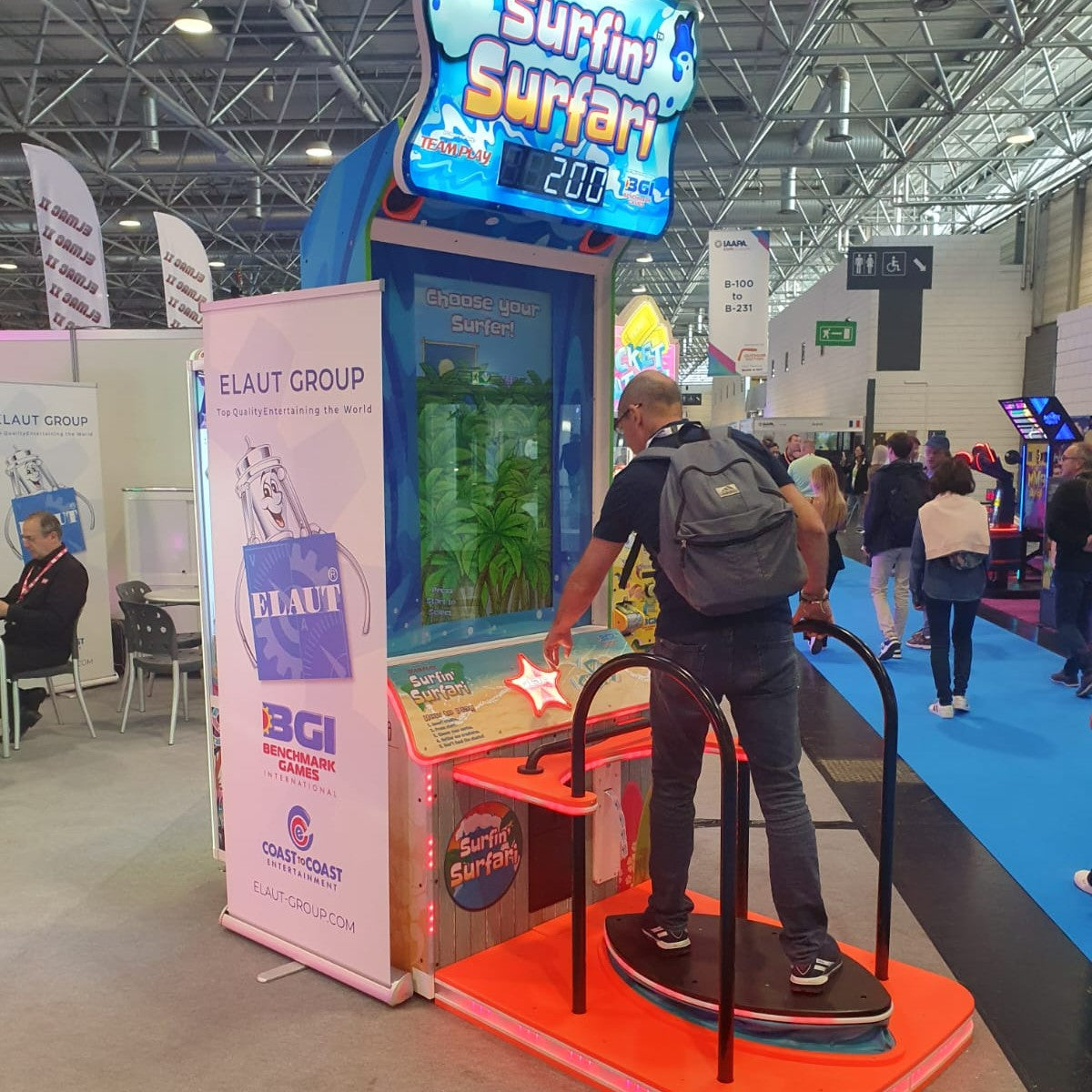 Surfin’ Surfari motion surfboard arcade machine with ticket redemption gameplay and immersive surfing simulation