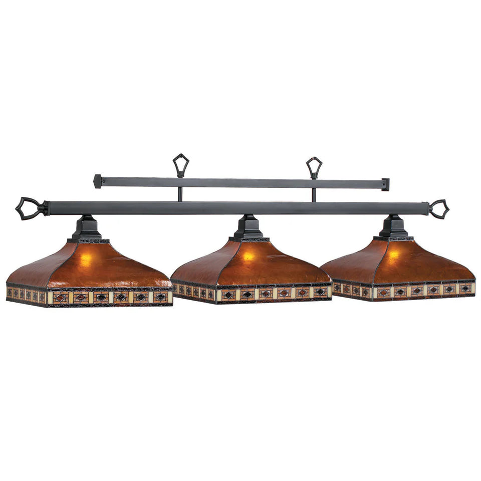56" Three-Shade Stained Glass Billiard Light Fixture – Amber Mica with Matte Black Double-Rod Frame