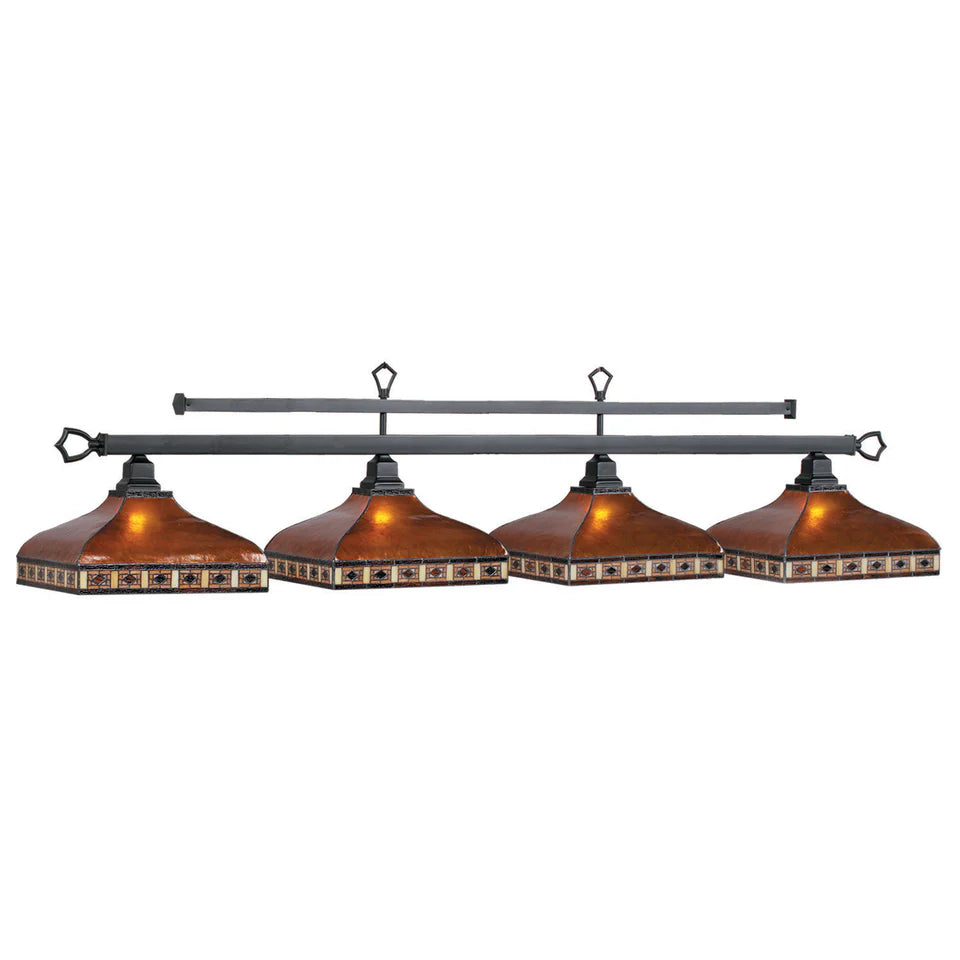79" Four-Shade Stained Glass Billiard Light Fixture – Amber Mica Double-Rod Pool Table Lighting in Matte Black